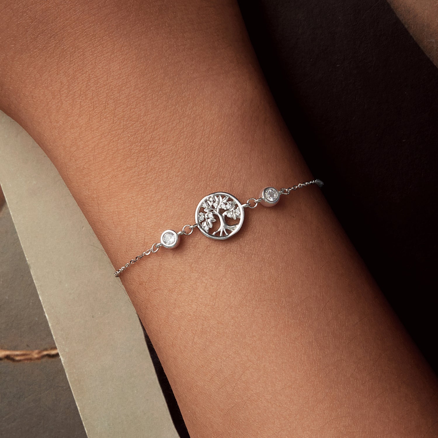 Bracelet 925 sterling silver white gold plated with tree of life pendant and two CZ accents on Tampa Home & Garden Store