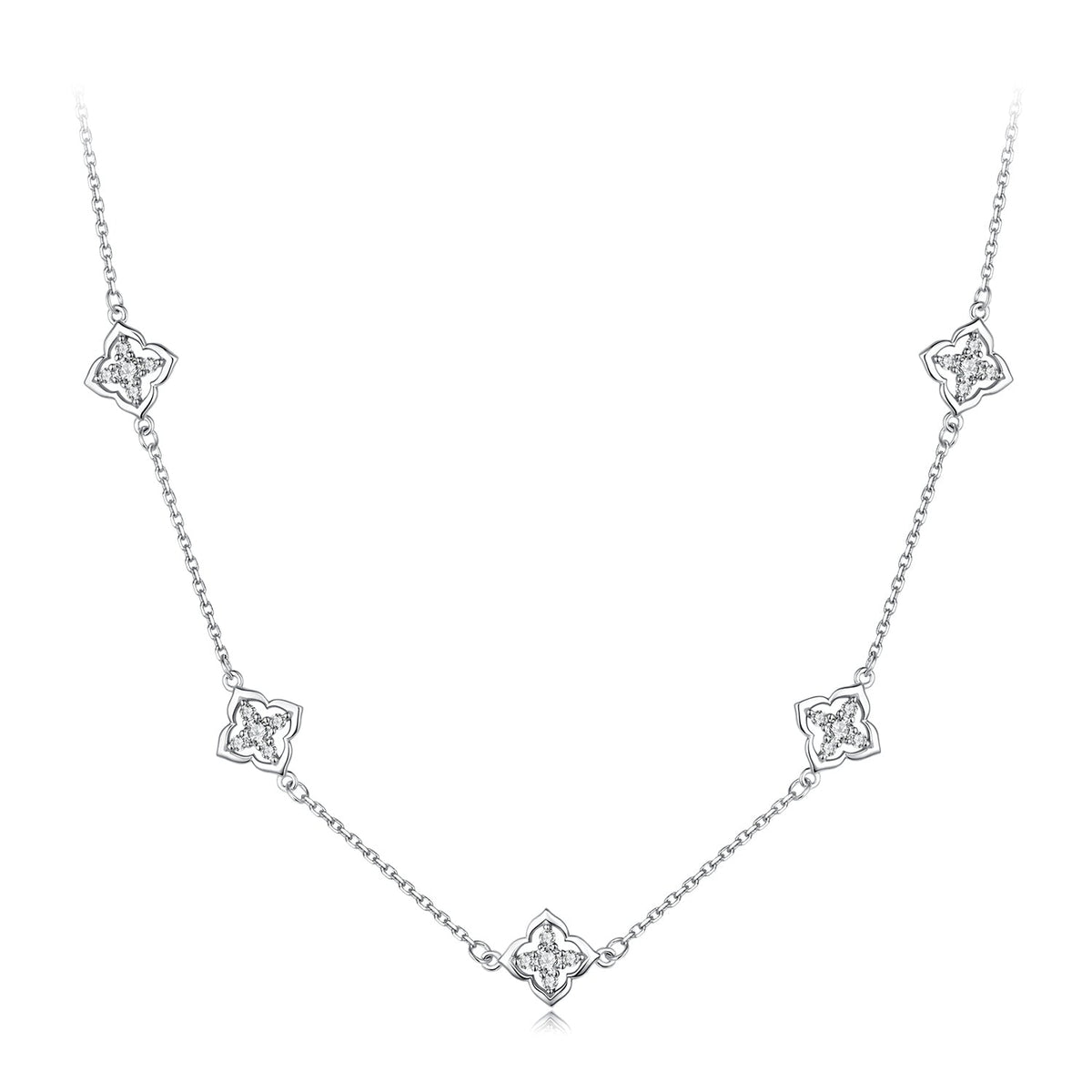 Necklace 925 Sterling Silver Moissanite with plated white gold, flower-shaped charms on Tampa Home & Garden Store