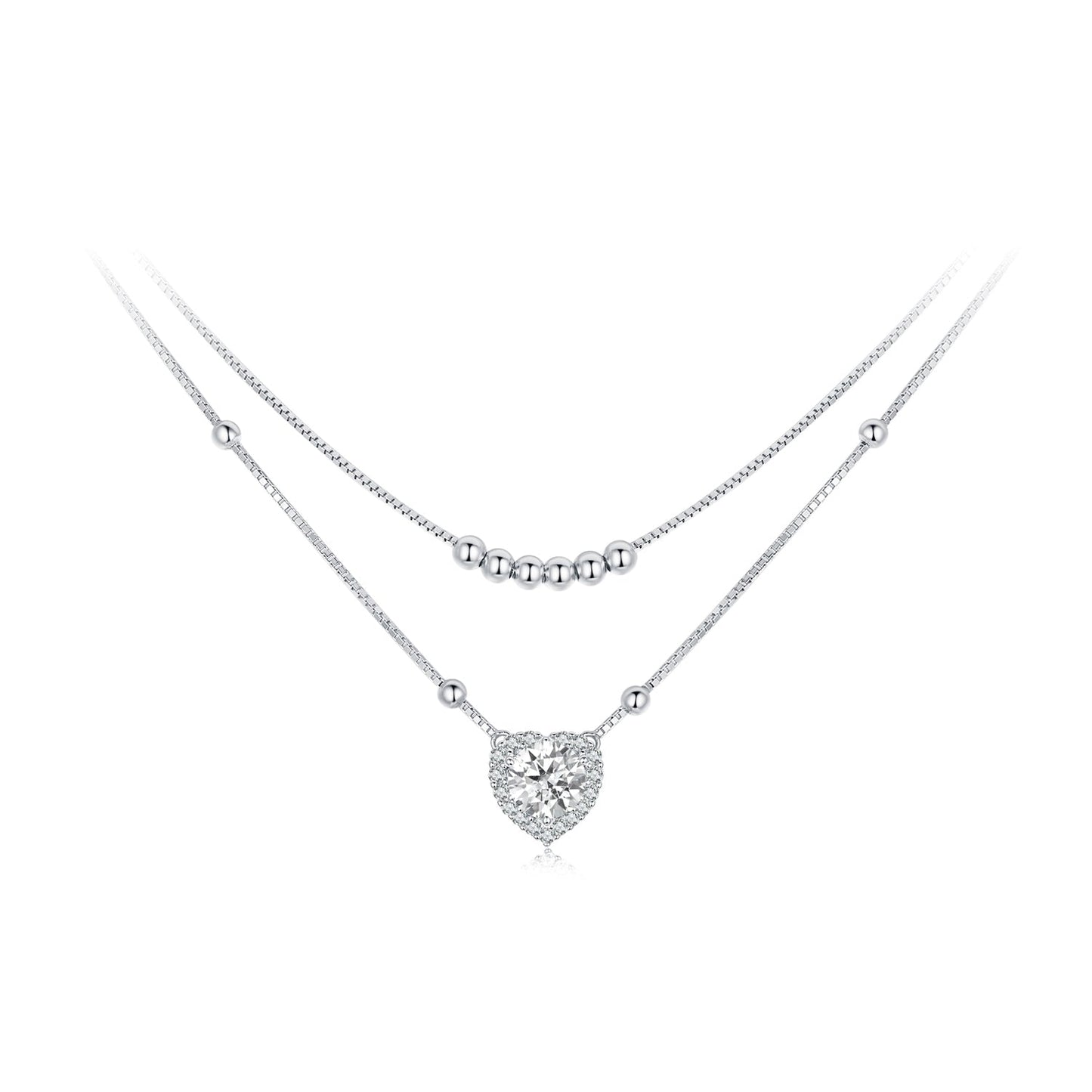 Sterling silver 6.5mm moissanite heart pendant necklace with pave halo on layered chains on Tampa Home & Garden Store