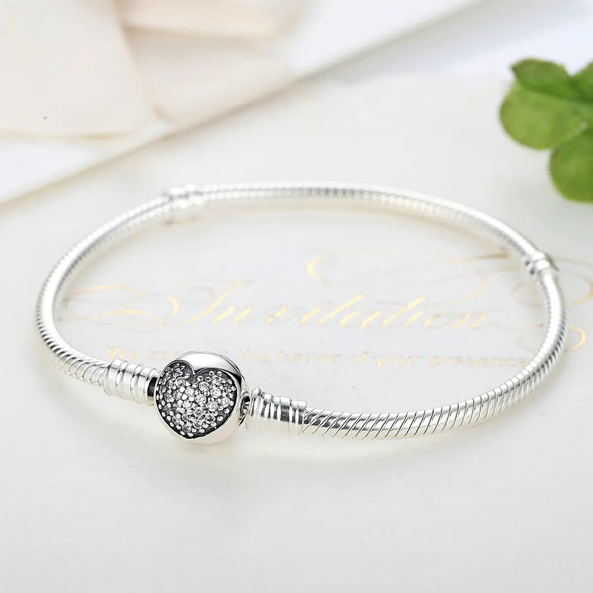 Bracelet 925 Sterling Silver heart charm with pave crystals on a snake chain, 17cm, by Bids.com on Tampa Home & Garden Store