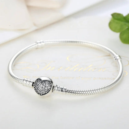 Bracelet 925 Sterling Silver heart charm with pave crystals on a snake chain, 17cm, by Bids.com on Tampa Home & Garden Store