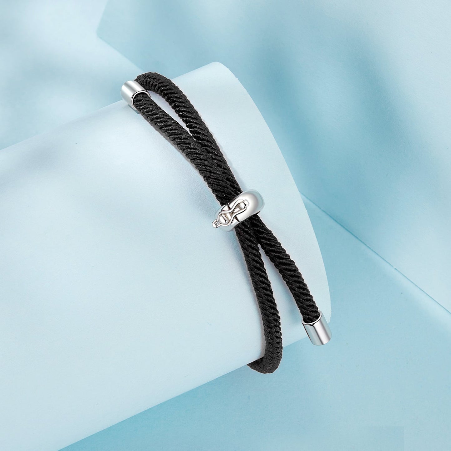Bracelet 925 Sterling Silver and White Gold Plated rope, black braided cord with silver end caps on Tampa Home & Garden Store