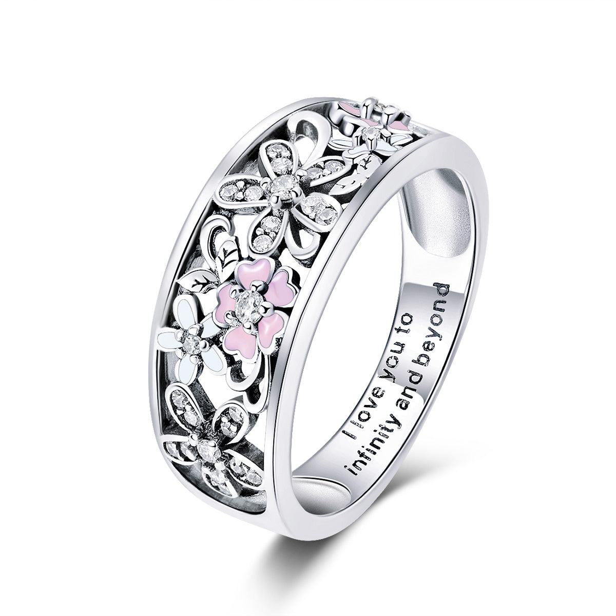 S925 Sterling Silver Ring size 6 with floral filigree, crystals, pink enamel petals by Bids.com on Tampa Home & Garden Store
