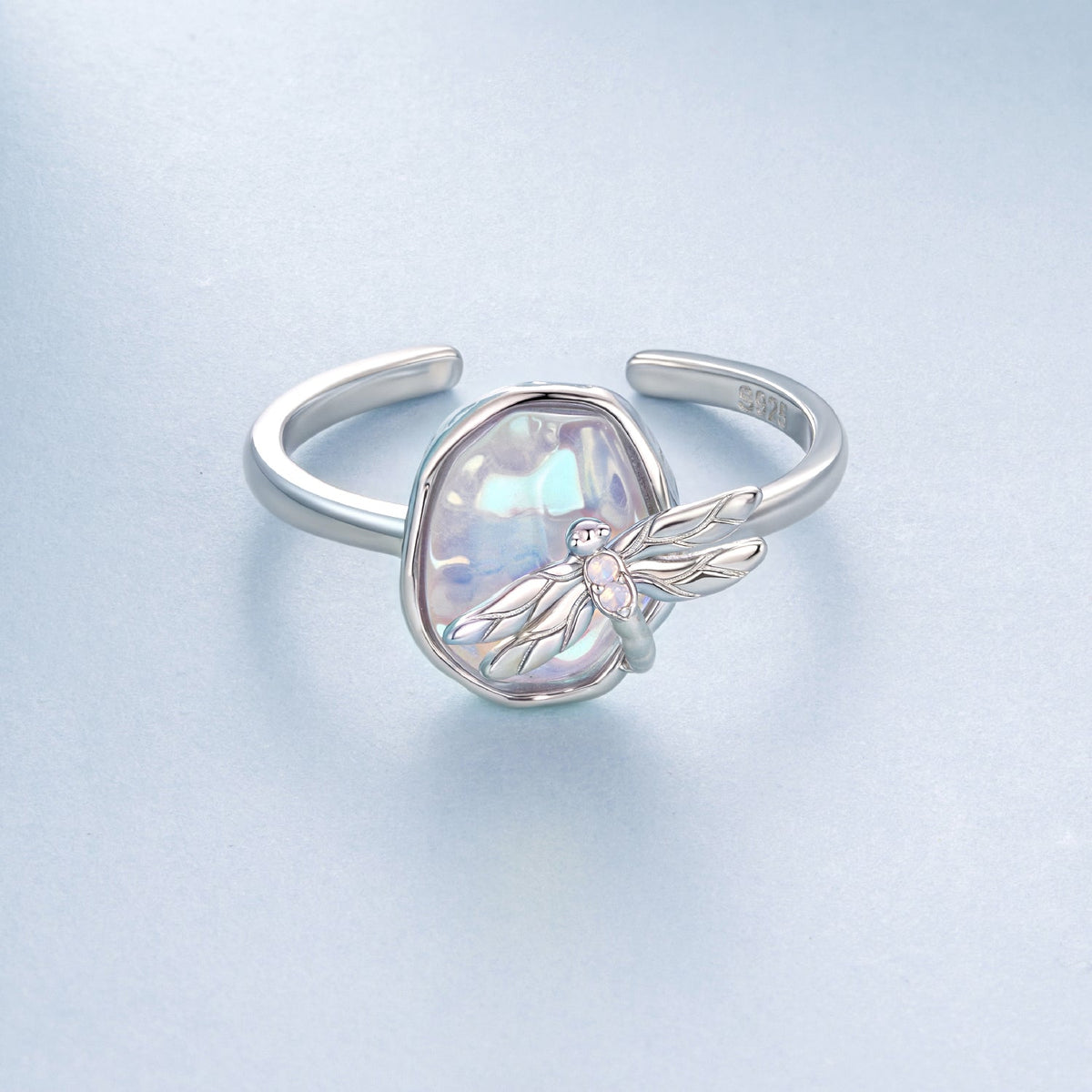 Sterling silver ring with iridescent nano opal and dragonfly motif, open band on Tampa Home & Garden Store