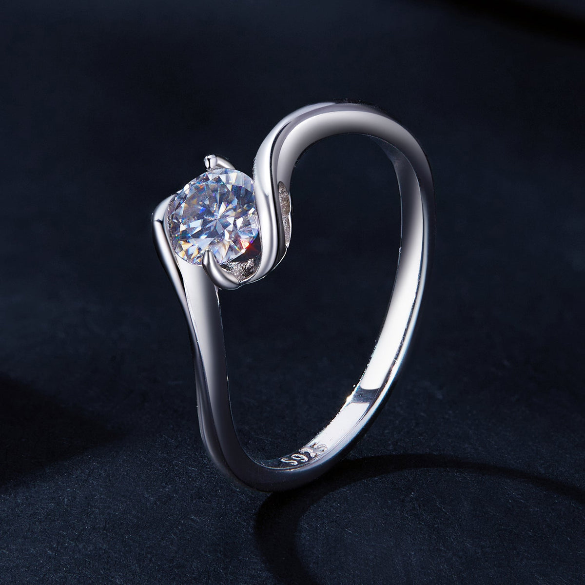 925 sterling silver ring with a 5mm round moissanite, sleek curved setting for women on Tampa Home & Garden Store