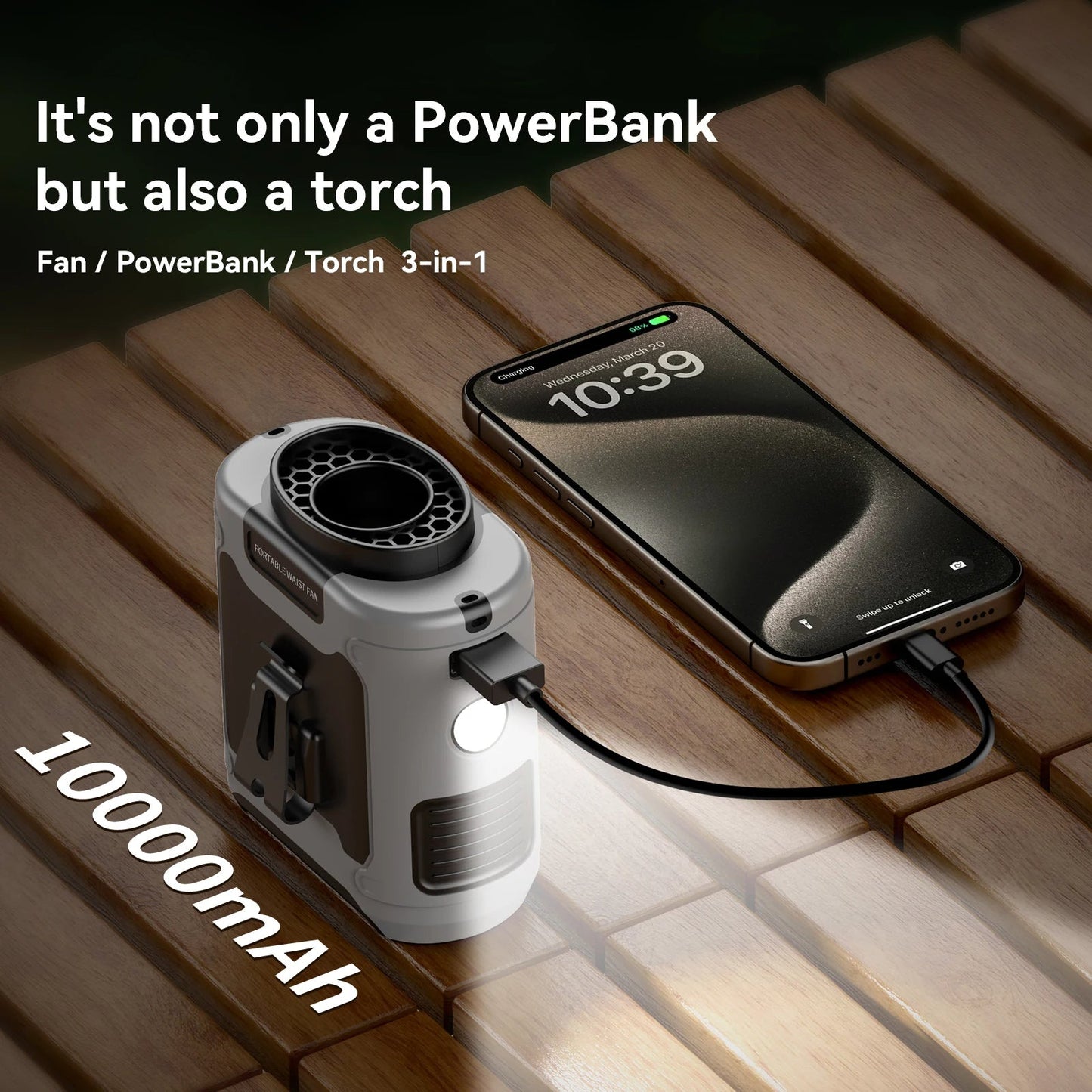 Portable Waist Fan 10000mAh Rechargeable Clip Fan with LED Light Power Bank