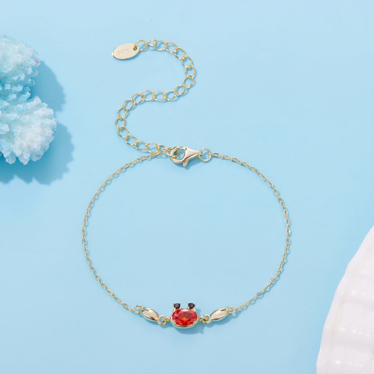 Bracelet 925 sterling silver gold plated CZ with red oval centerpiece adjustable 15+6cm for women on Tampa Home & Garden Store