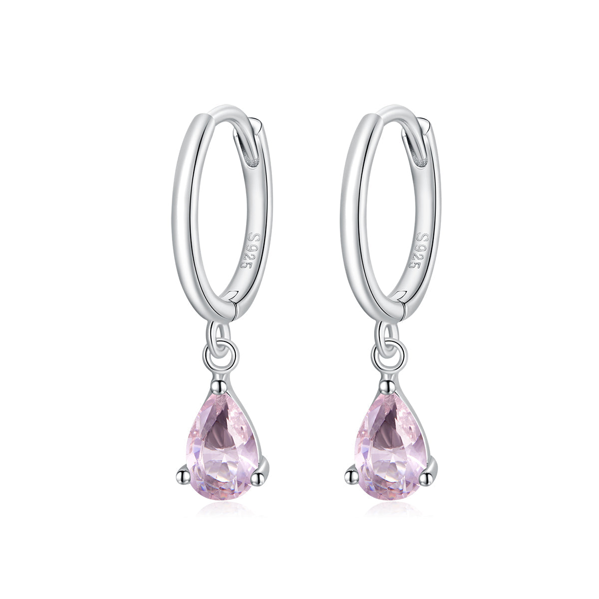 Pair of 925 sterling silver hoop earrings with pink teardrop CZ dangles on Tampa Home & Garden Store