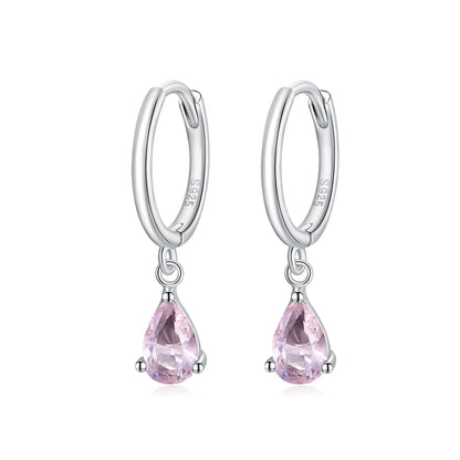Pair of 925 sterling silver hoop earrings with pink teardrop CZ dangles on Tampa Home & Garden Store