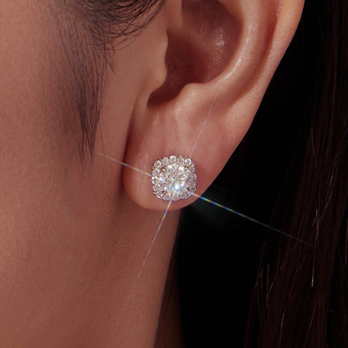 Moissanite stud earrings in 925 silver with pavé halo, 1.0 cm, Bids.com for women on Tampa Home & Garden Store