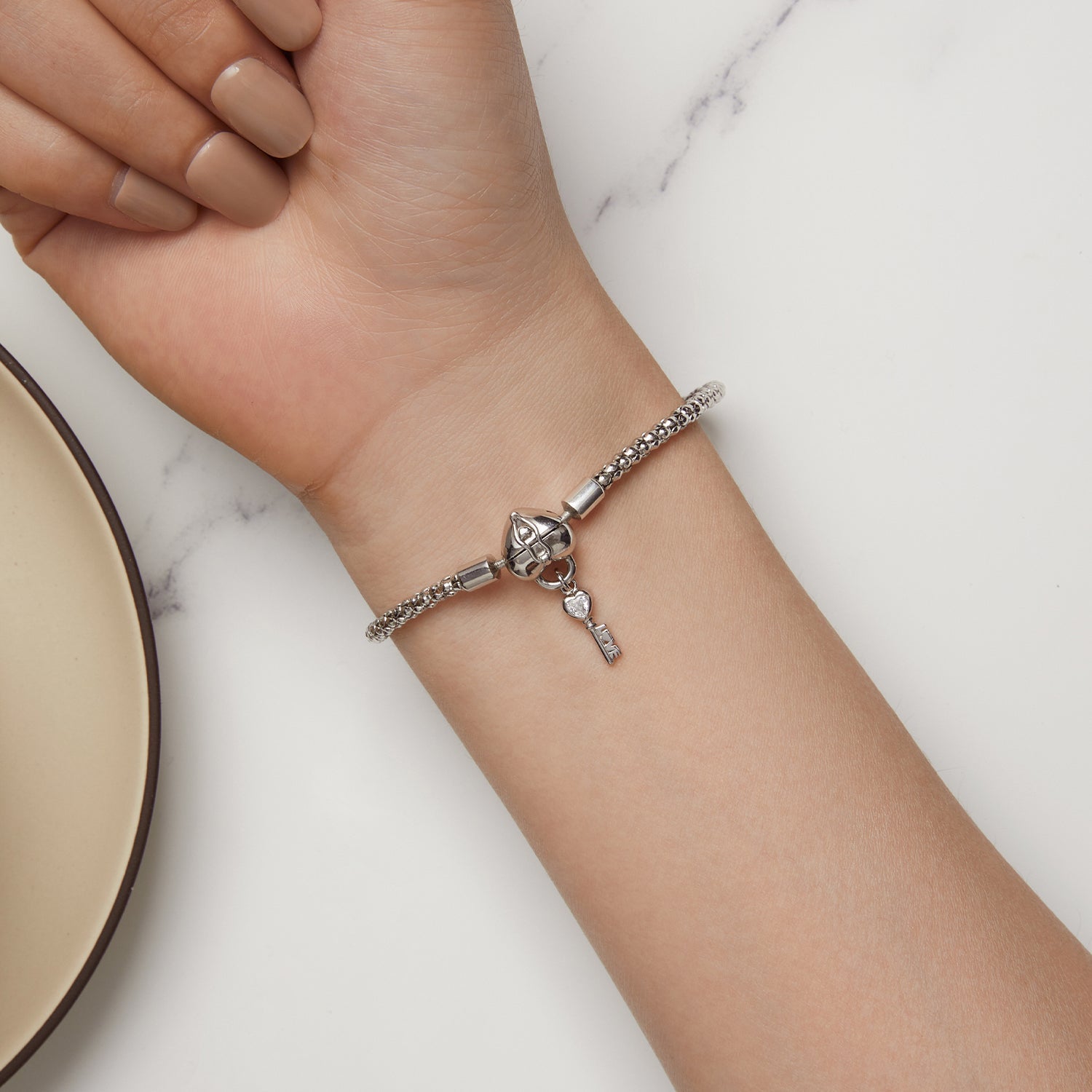 925 Sterling Silver Pavé CZ Bracelet size 17 for Women with heart and key charms on Tampa Home & Garden Store