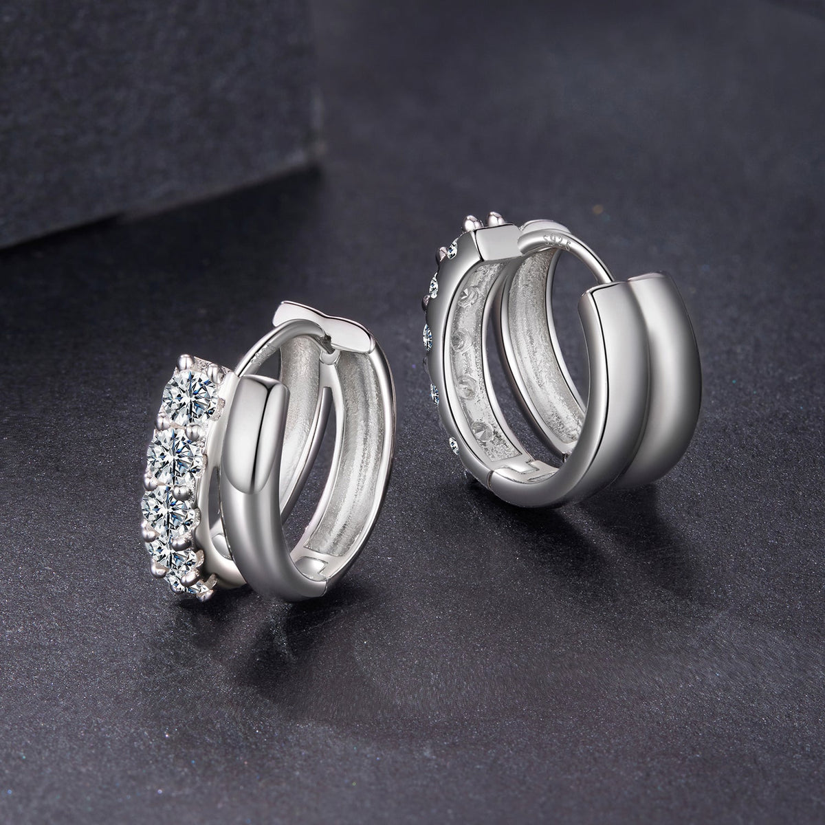 Earrings 0.06ct moissanite in 925 sterling silver with white gold plating, hoop style pair on Tampa Home & Garden Store