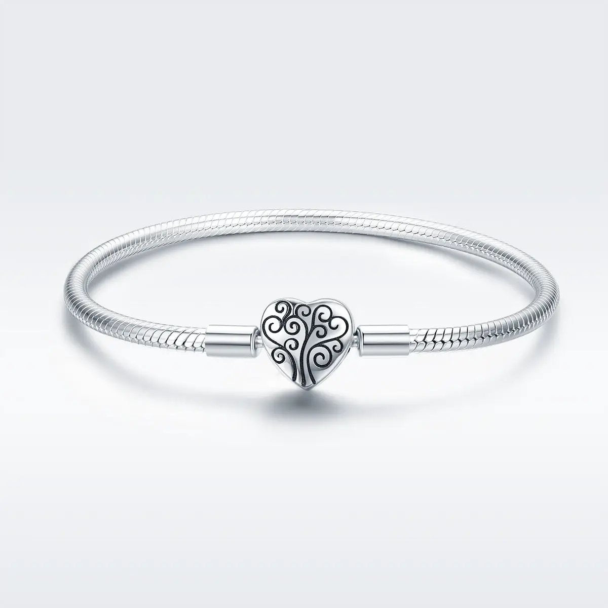 SCB 925 Sterling Silver Bracelet with heart filigree charm, snake chain, size 17 for women on Tampa Home & Garden Store