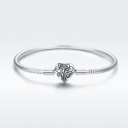 SCB 925 Sterling Silver Bracelet with heart filigree charm, snake chain, size 17 for women on Tampa Home & Garden Store