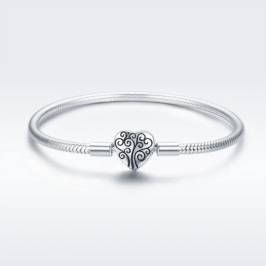SCB 925 Sterling Silver Bracelet with heart filigree charm, snake chain, size 17 for women on Tampa Home & Garden Store