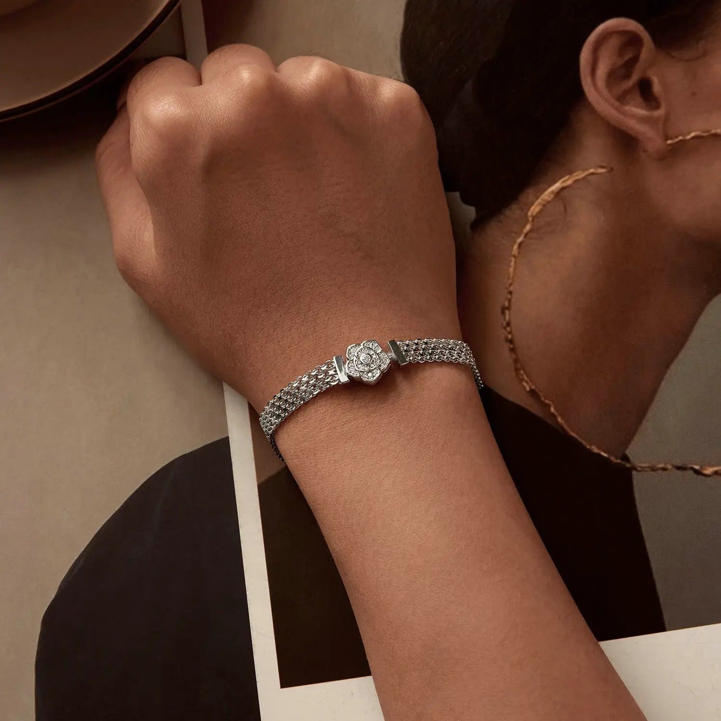 Pavé CZ bracelet 17 cm in sterling silver with platinum plating, floral centerpiece on Tampa Home & Garden Store