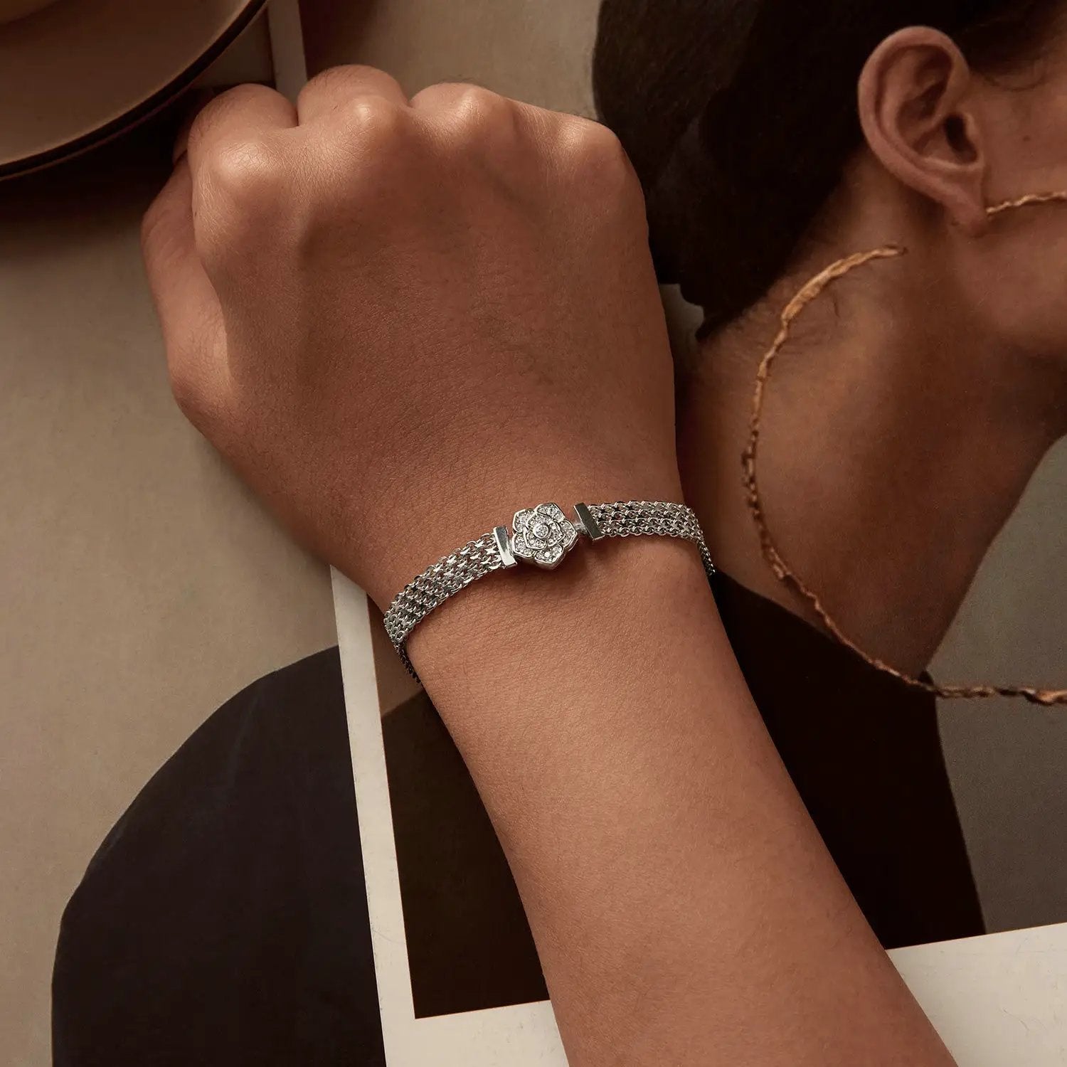 Pavé CZ bracelet 17 cm in sterling silver with platinum plating, floral centerpiece on Tampa Home & Garden Store