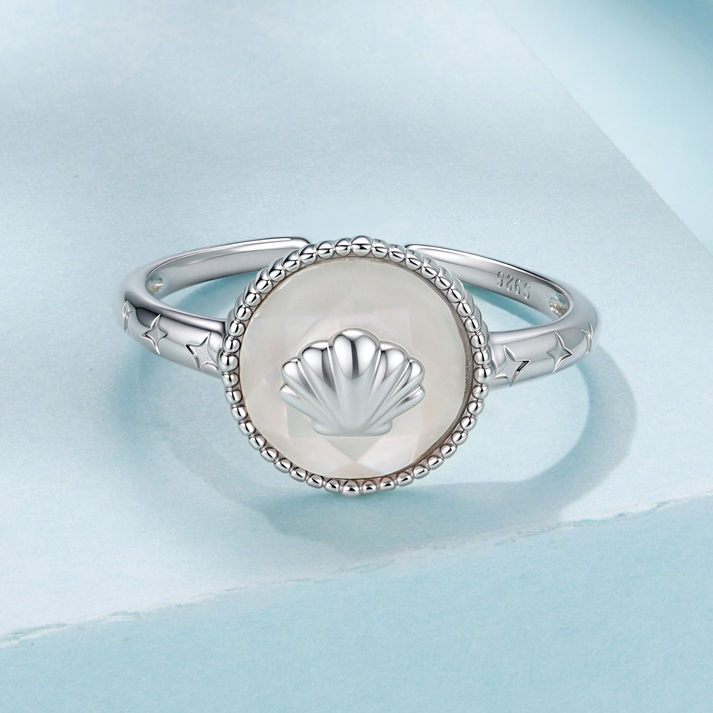 Ring with nacre pendant in 925 sterling silver, white gold plating, seashell centerpiece on Tampa Home & Garden Store