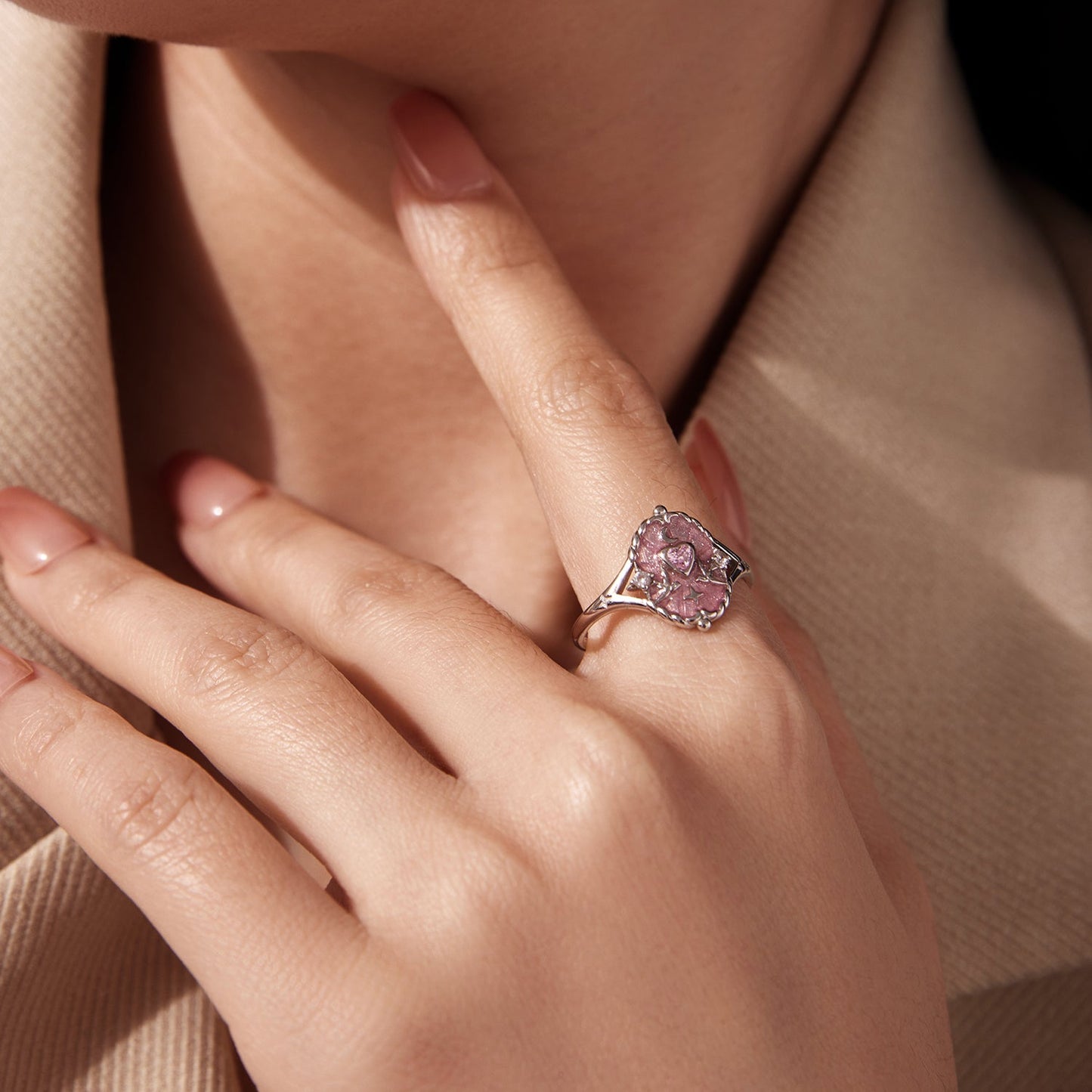 925 Sterling Silver ring with pink enamel inlay and CZ stones for women on finger on Tampa Home & Garden Store