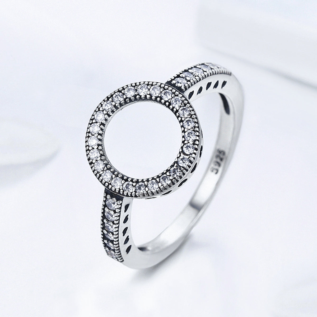 Sterling silver ring for women with circular pavé halo and pavé band accents, size 6 on Tampa Home & Garden Store