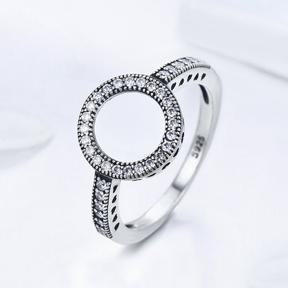 Sterling silver ring for women with circular pavé halo and pavé band accents, size 6 on Tampa Home & Garden Store