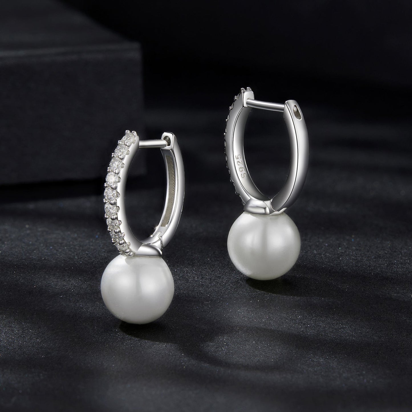 Pair of 925 sterling silver moissanite hoop earrings with shell pearl drops on Tampa Home & Garden Store
