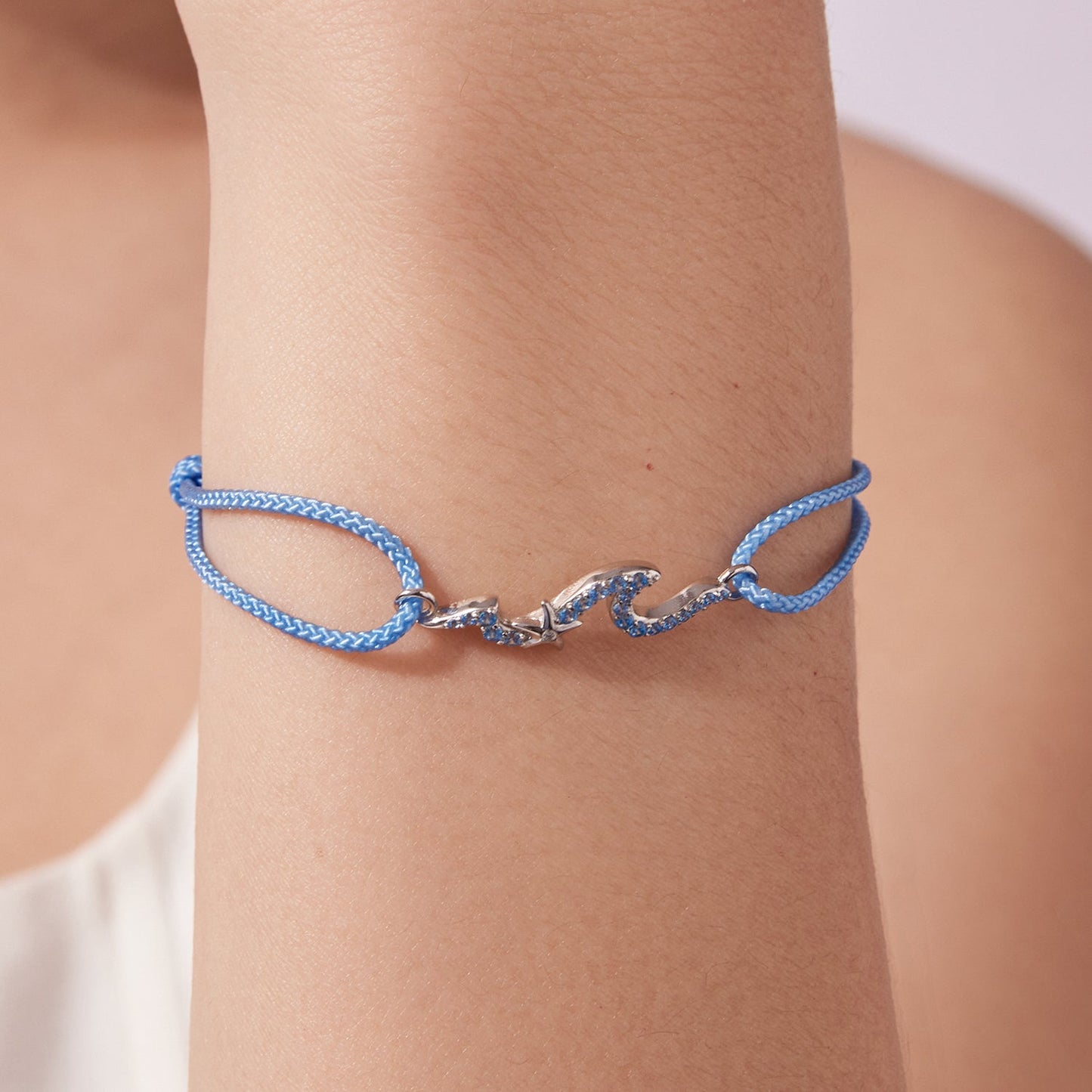 Bracelet 925 sterling silver with blue CZ pendants on adjustable blue braided cord for women on Tampa Home & Garden Store