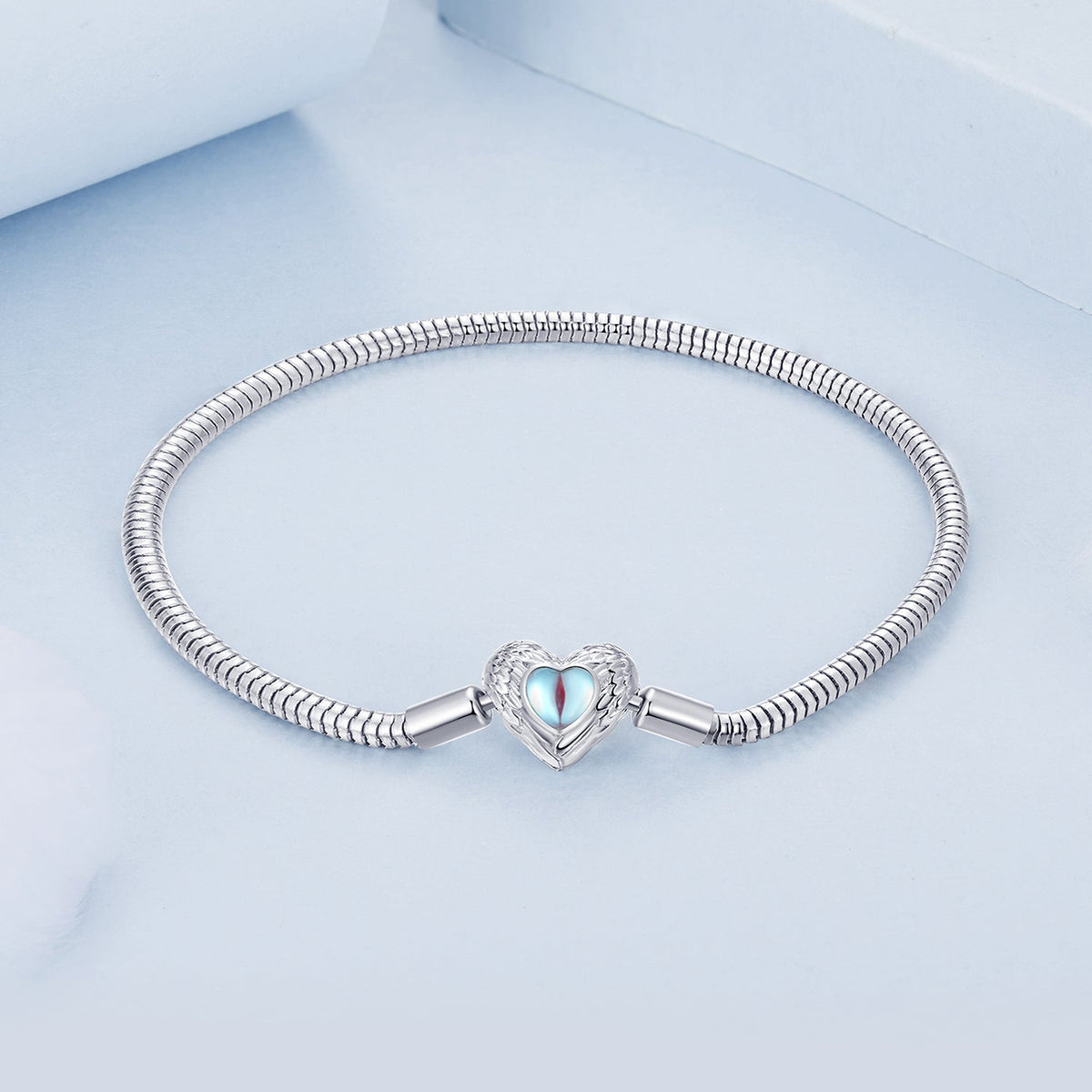 Moonstone bracelet in 925 sterling silver with white gold plating, 17 cm, heart charm on Tampa Home & Garden Store