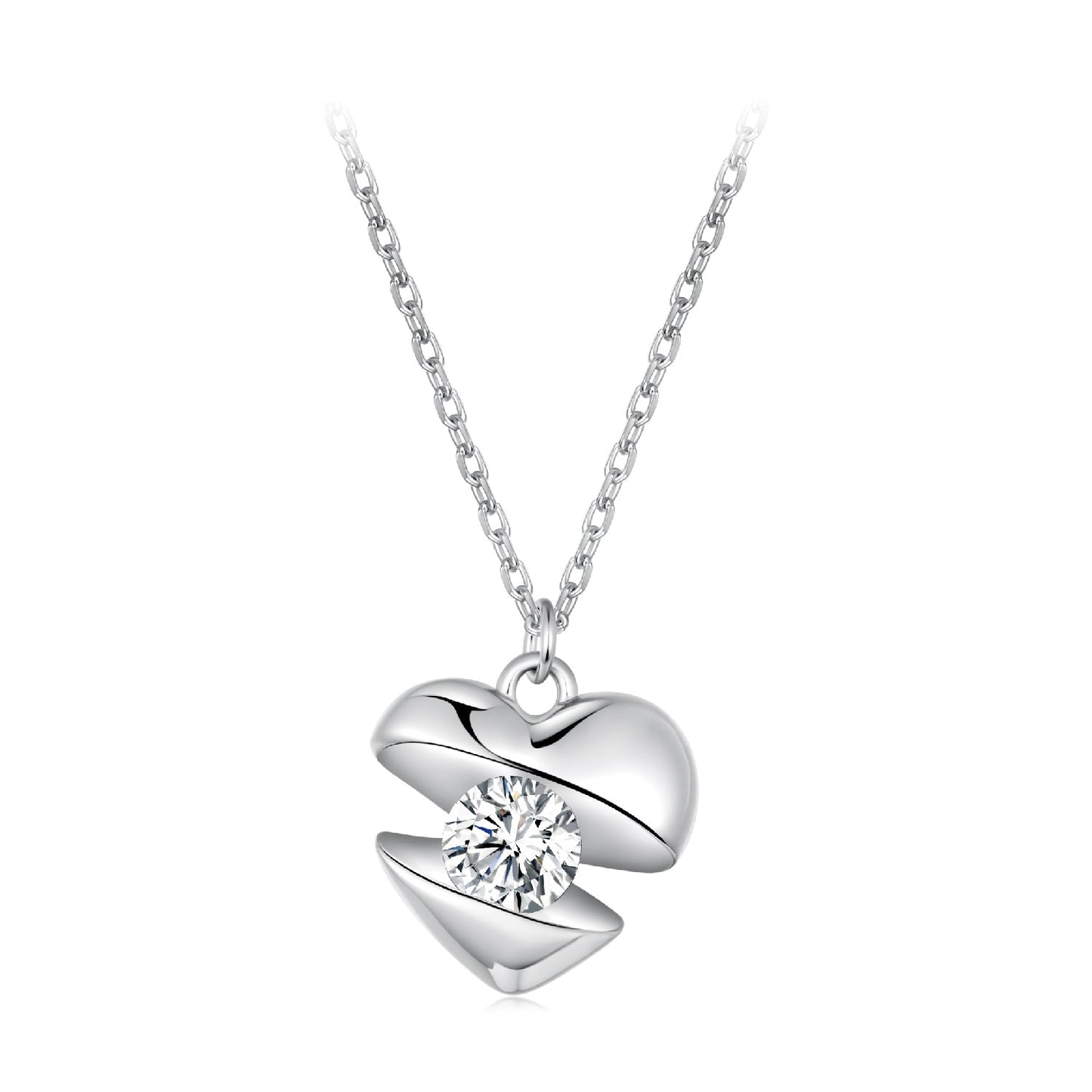 Sterling silver white gold plated CZ necklace with heart pendant and stone 40cm+5cm chain on Tampa Home & Garden Store