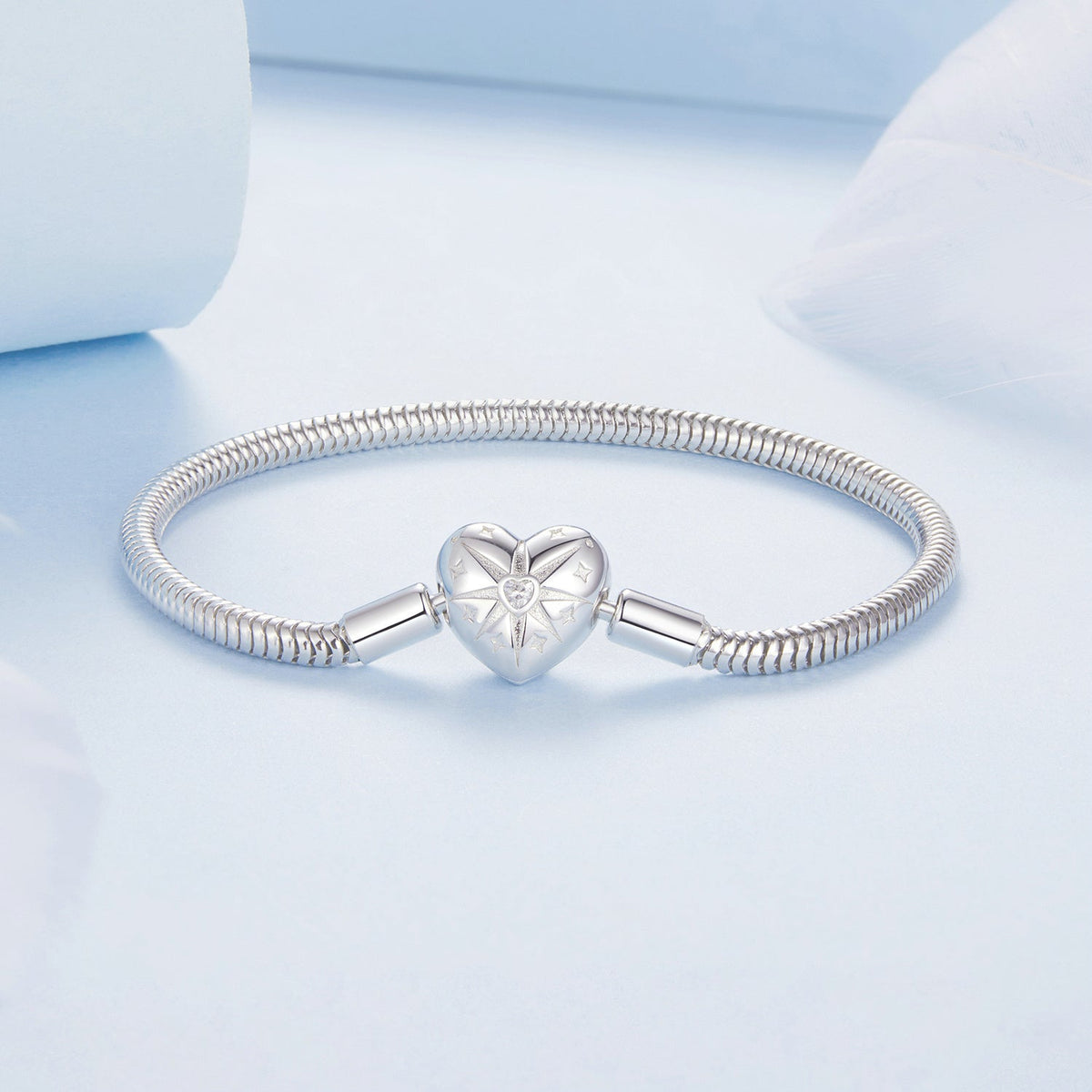 Sterling silver snake-chain bracelet with pavé heart charm and star accents, 17 cm, Bids.com on Tampa Home & Garden Store