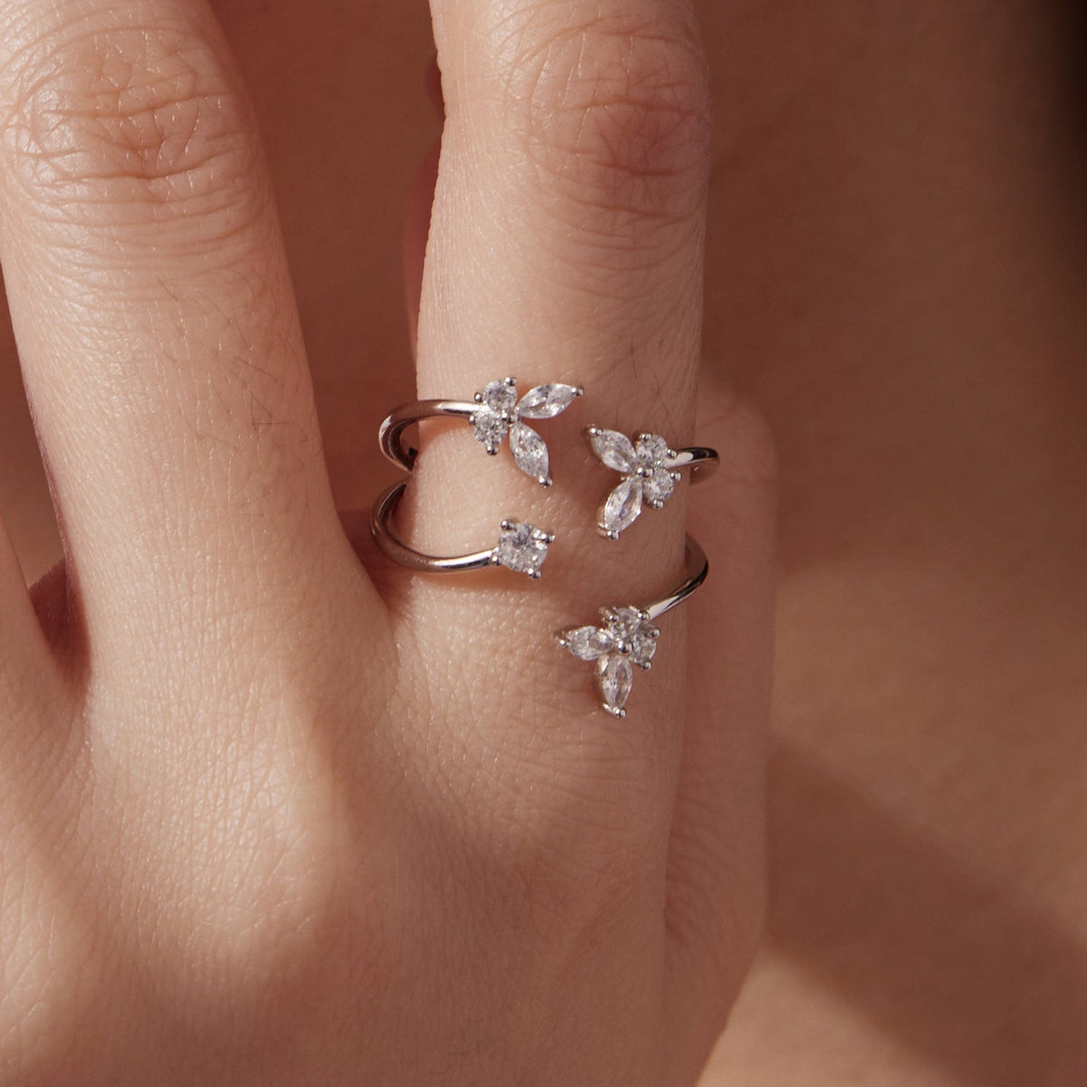 925 sterling silver white gold plated rings with pavé CZ leaf petals on finger, set of 3 Bids.com on Tampa Home & Garden Store