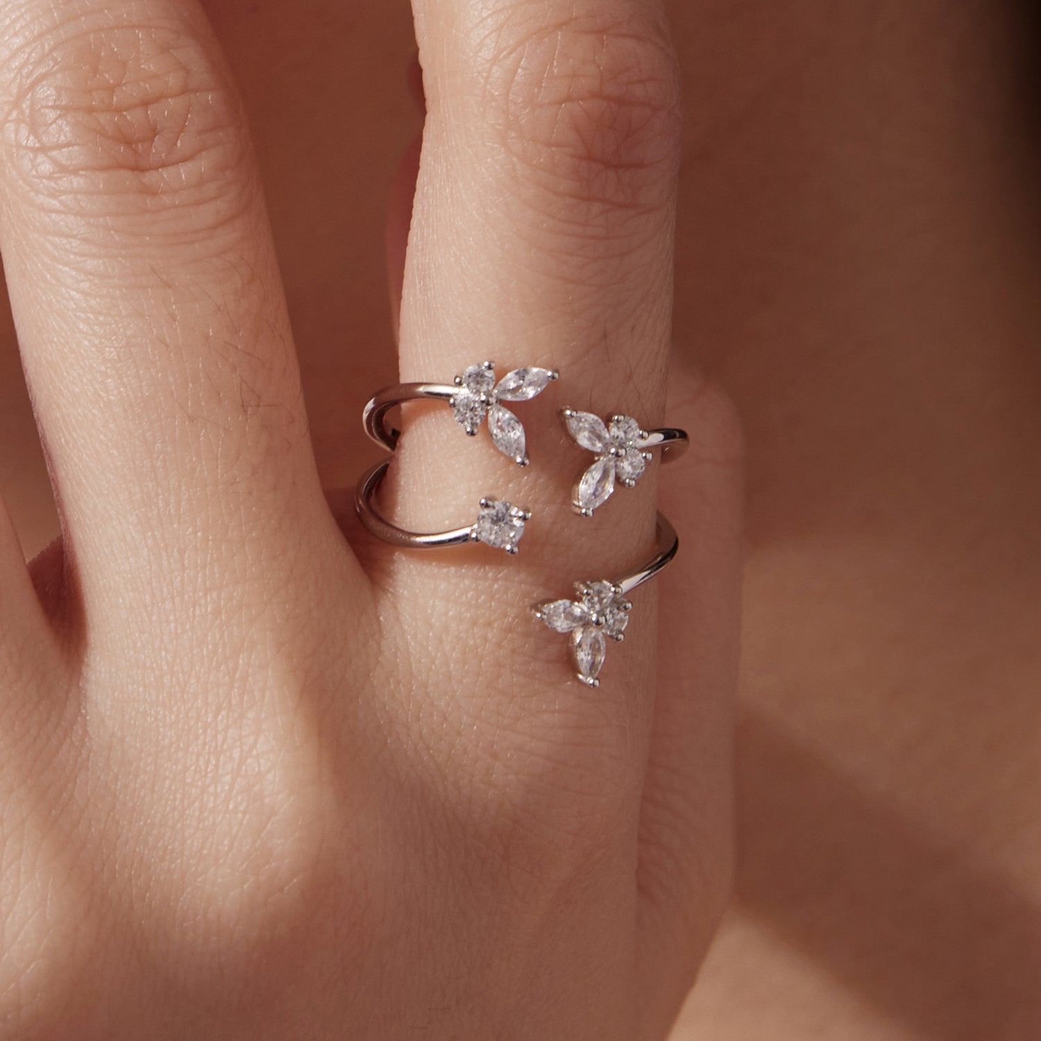 925 sterling silver white gold plated rings with pavé CZ leaf petals on finger, set of 3 Bids.com on Tampa Home & Garden Store