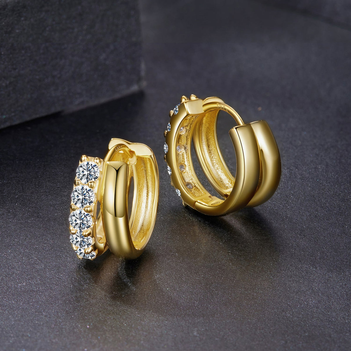 Gold-plated hoop earrings set of 3 with moissanite stones, 925 sterling silver base on Tampa Home & Garden Store