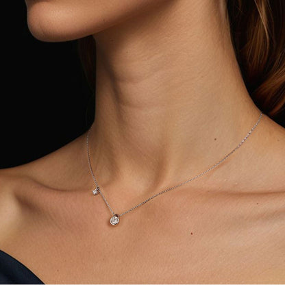 Sterling silver moissanite adjustable necklace with tiny square charm and round pendant on Tampa Home & Garden Store