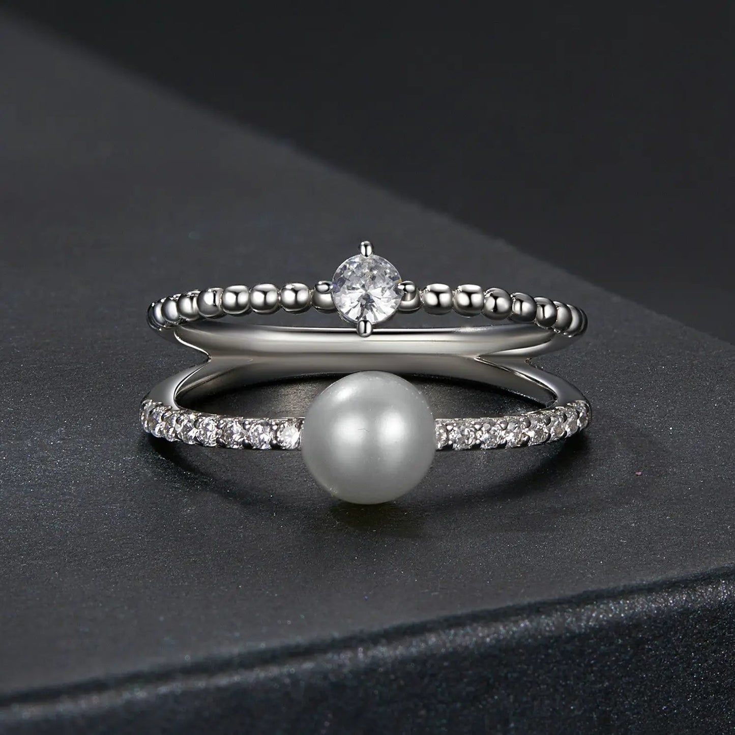 925 Sterling Silver Moissanite Ring with Freshwater Pearl set of 3 silver bands by Bids.com on Tampa Home & Garden Store