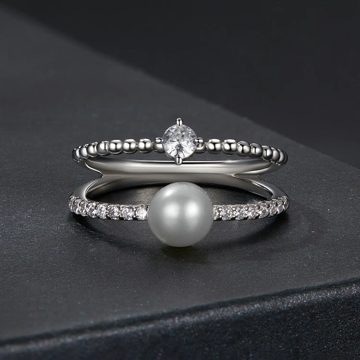925 Sterling Silver Moissanite Ring with Freshwater Pearl set of 3 silver bands by Bids.com on Tampa Home & Garden Store