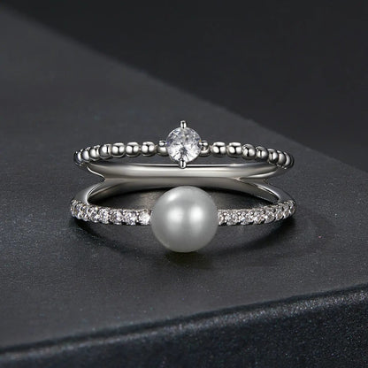 925 Sterling Silver Moissanite Ring with Freshwater Pearl set of 3 silver bands by Bids.com on Tampa Home & Garden Store