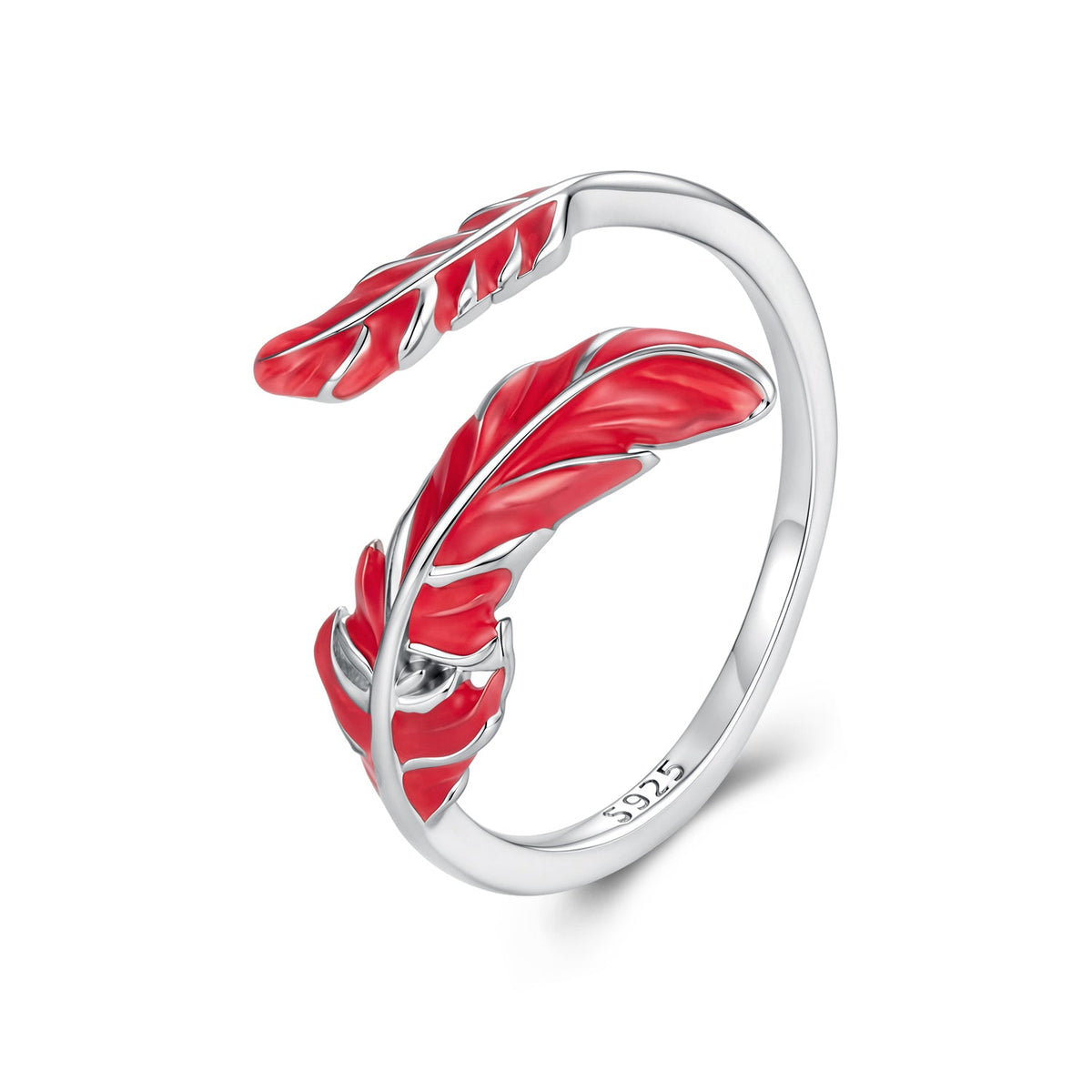 Sterling silver ring with red enamel leaf design and white gold plating, Style E by Bids.com on Tampa Home & Garden Store