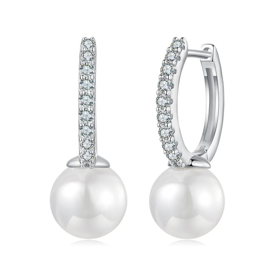 Earrings: 925 sterling silver hoop with 0.15ct moissanite stones along rim and shell pearl drop on Tampa Home & Garden Store