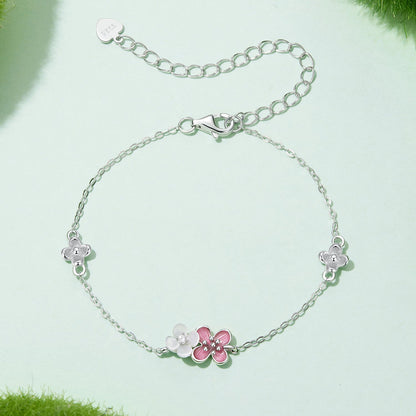 925 Sterling Silver Enamel Flower Charm Bracelet with pavé CZ and pink white blossoms, 15+6cm on Tampa Home & Garden Store