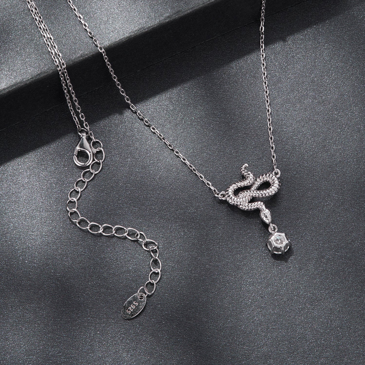 925 Sterling Silver snake pendant necklace with 0.50ct moissanite and CZ pavé, 40+5cm chain on Tampa Home & Garden Store