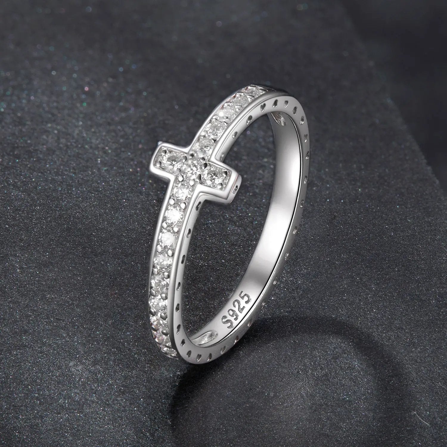 925 sterling silver moissanite ring with cross motif and pave stones along band size 6 on Tampa Home & Garden Store
