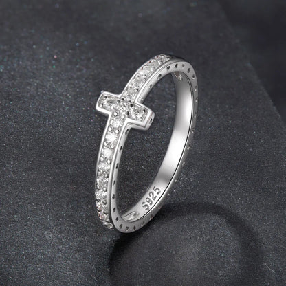 925 sterling silver moissanite ring with cross motif and pave stones along band size 6 on Tampa Home & Garden Store