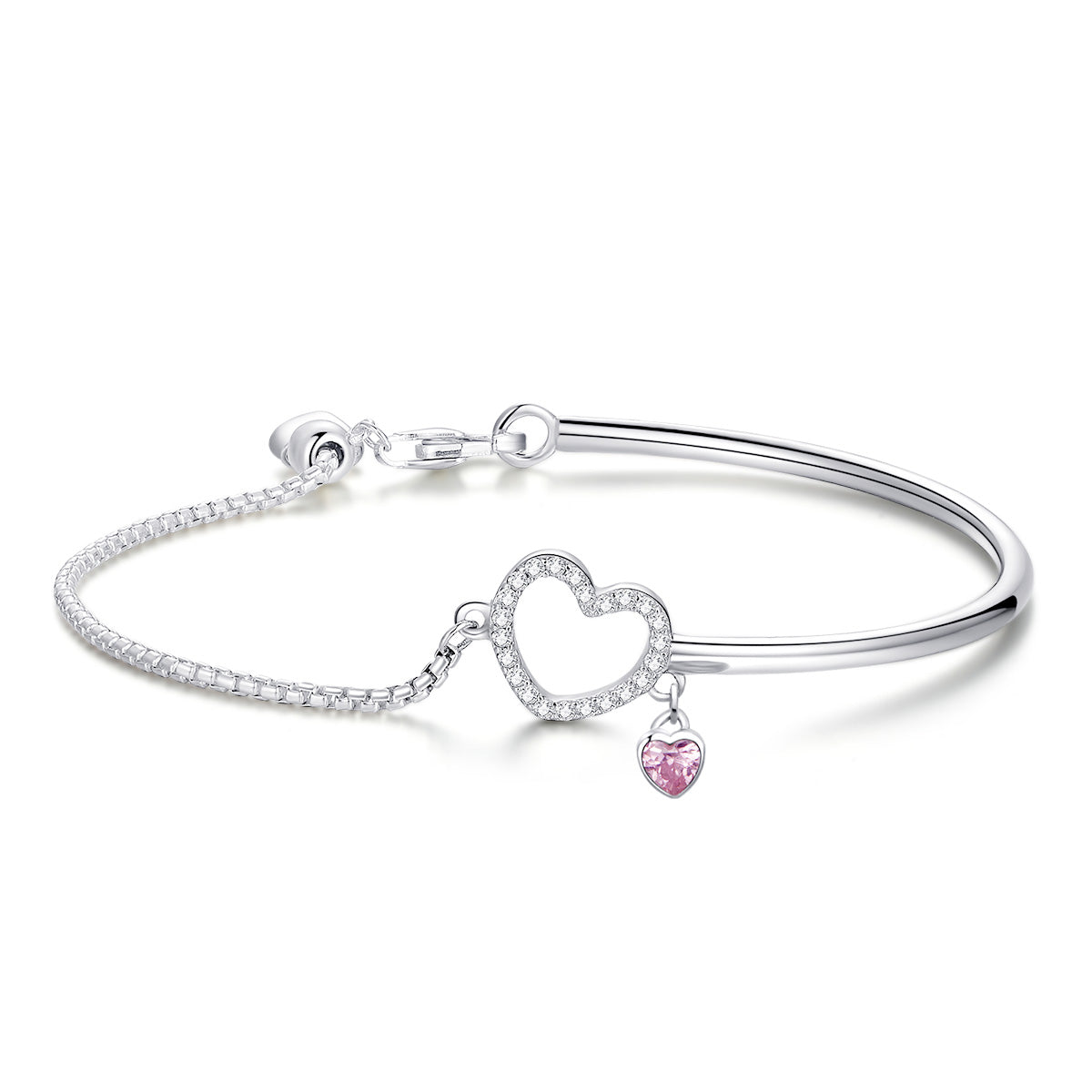 Bracelet 925 Sterling Silver 19cm for Women by Bids.com with crystal heart and pink heart charms on Tampa Home & Garden Store