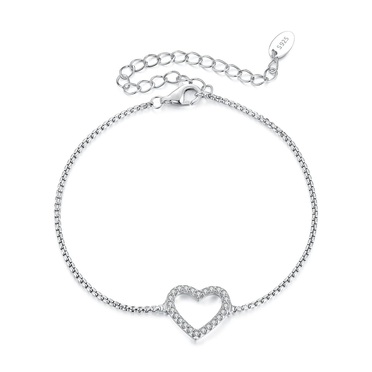 Bracelet 925 sterling silver plated white gold moissanite heart charm, adjustable chain, Bids.com on Tampa Home & Garden Store