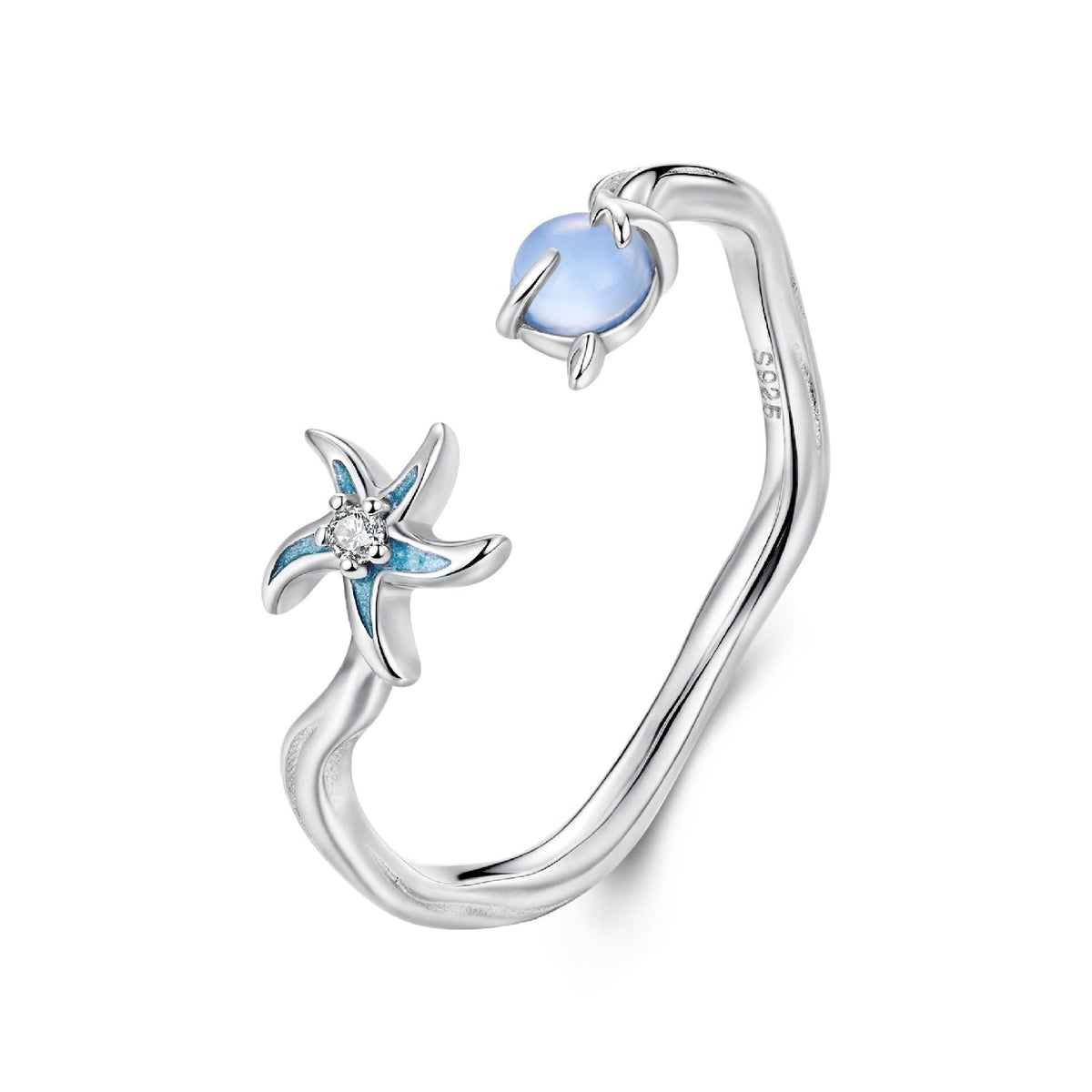 Sterling silver open ring with pale blue cabochon and starfish charm, white gold plated 0.16cm on Tampa Home & Garden Store