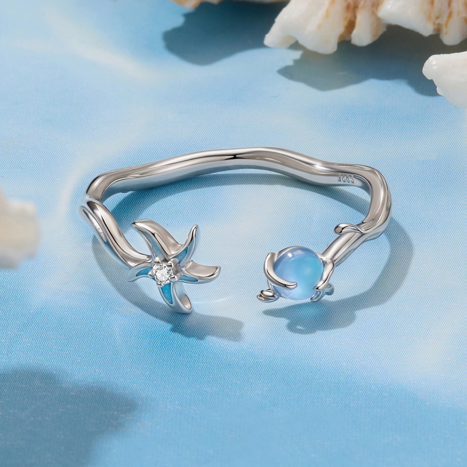 Ring, 925 silver with white gold plating, floral diamond accent and blue moon cabochon on Tampa Home & Garden Store