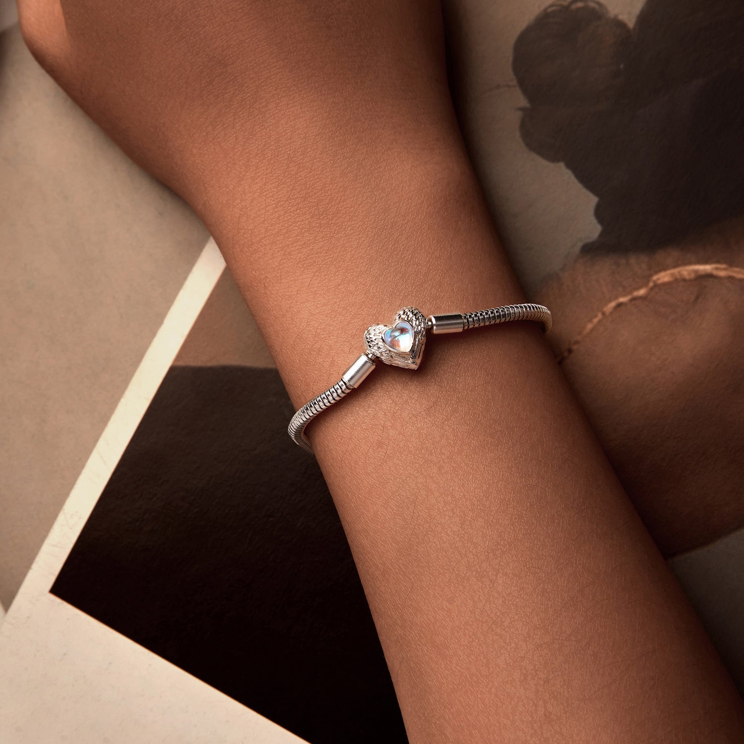 Moonstone bracelet in 925 sterling silver with white-gold plating, heart charm, 17 cm by Bids.com on Tampa Home & Garden Store