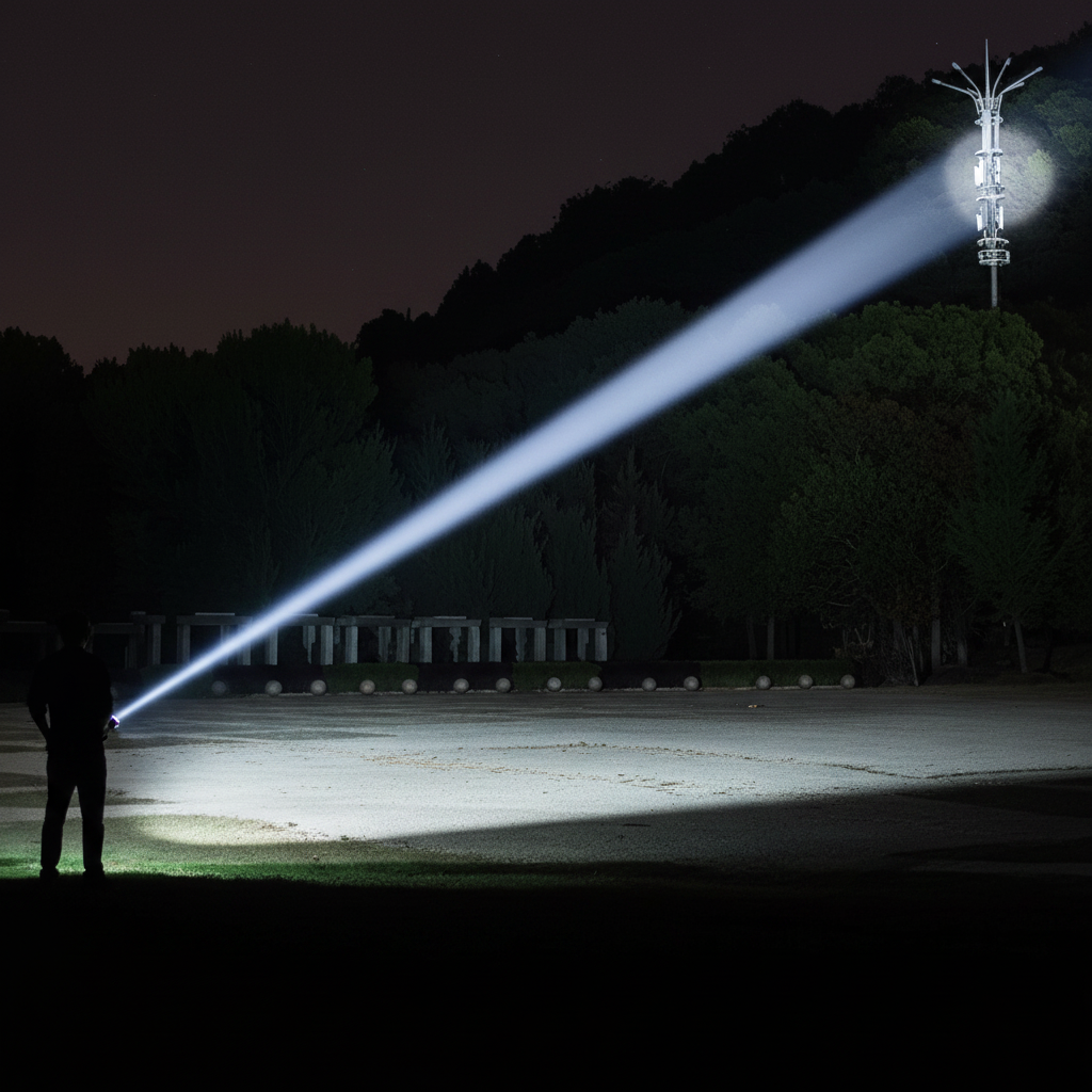 Rechargeable LED flashlight handheld torch casts a bright beam toward a tall tower, silhouette on Tampa Home & Garden Store