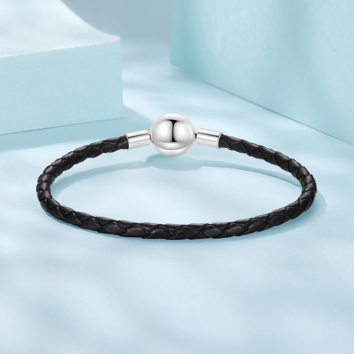 Bracelet 925 Sterling Silver Leather Rope, 17cm; black braided leather with ball clasp on Tampa Home & Garden Store
